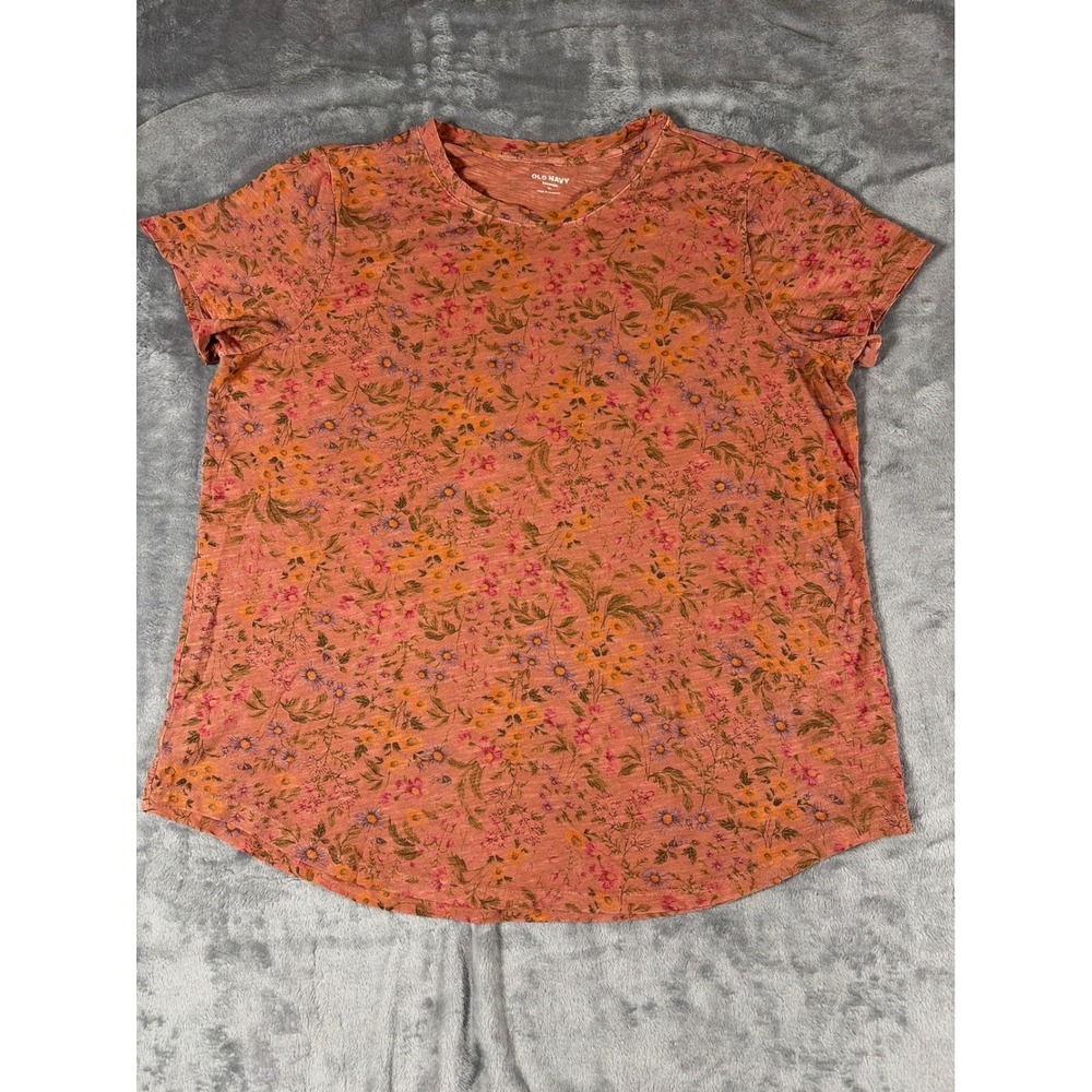 Old Navy Everywear Crew Slub Pink Flora T-Shirt XL 100% Cotton Short Sleeve Top